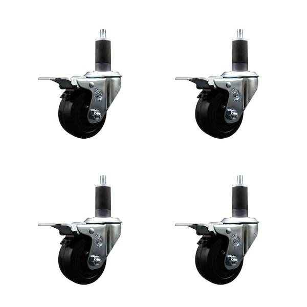 3'' SS Hard Rubber Swivel 1-1/4'' Expand Stem Caster Set Total Lock Brake, 4PK